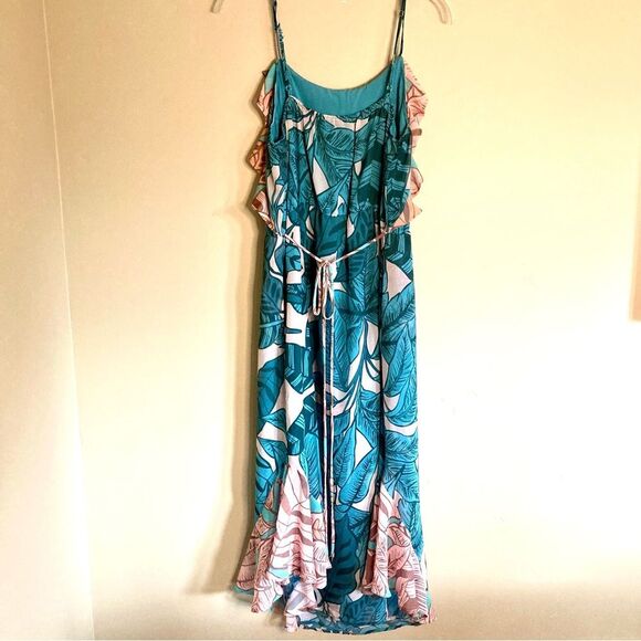 FARM Rio Ruffled Botanical Maxi Dress Contrasting Leaf Print Teal Pink Size LP - Picture 9 of 13